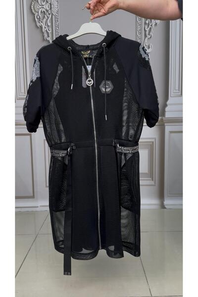 Kokostrendi Skull Mesh Crystal Stone Trench - Black Silver
