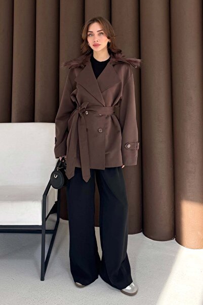 Melike Tatar Fur Short Trench Coat Brown 3723