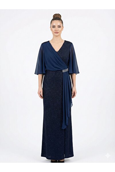 zahı collection Simli Dokulu Kruvaze Yaka Taş Tokalı Drapeli Abiye Elbise