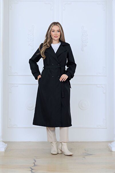QUBERZ Long Belted 4 Button Women's Trench Coat | Waterproof Tok Fabric – Black / Beige