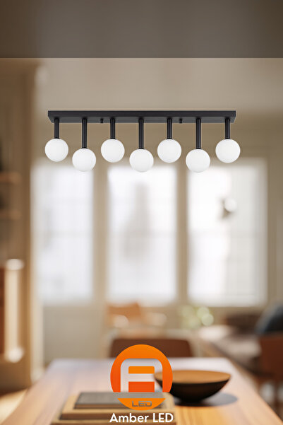AmberLED Modern Cam Detaylı 7'Li Plafönyer Oturma Odası ve Antre İçin E27 Uyumlu