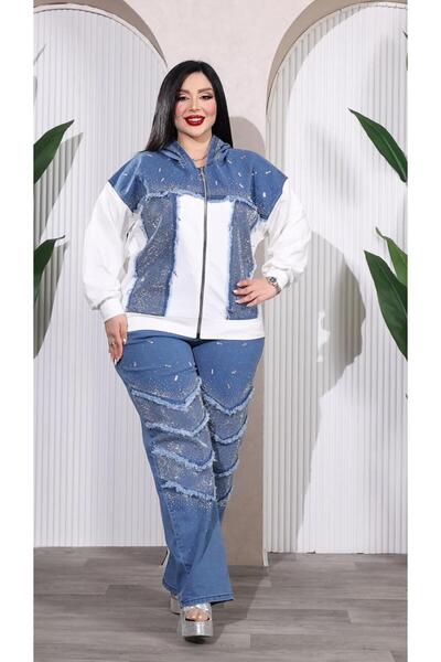 Kokostrendi Denim pattern stretchy plus size tracksuit set - white