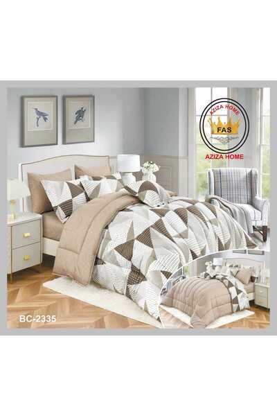 FABRIC A 10-piece cotton double duvet set in brown and beige with a modern tr...
