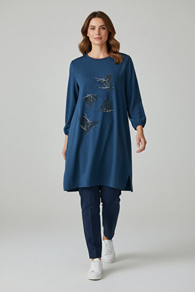 ECE GİYİM Women's Front Stone-Embellished, Six-Stripe, Crystal, Two-Ply, Seasonal Combed Cotton Tunic