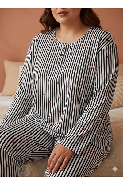 Silona Homewear Kırmızı Kalp Detaylı Büyük Beden Battal Boy Pijama Takımı