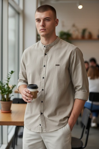 MODA Gabardin Yakasız Modern Kesim Rahat Gömlek – Dökümlü Şık Model