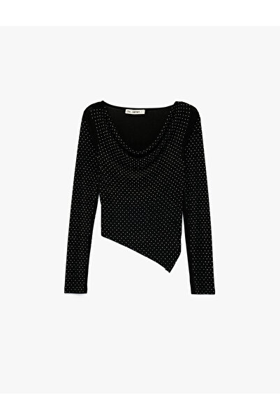 Koton Cotton Slim Fit Boat Neck Draped Long Sleeve T-Shirt