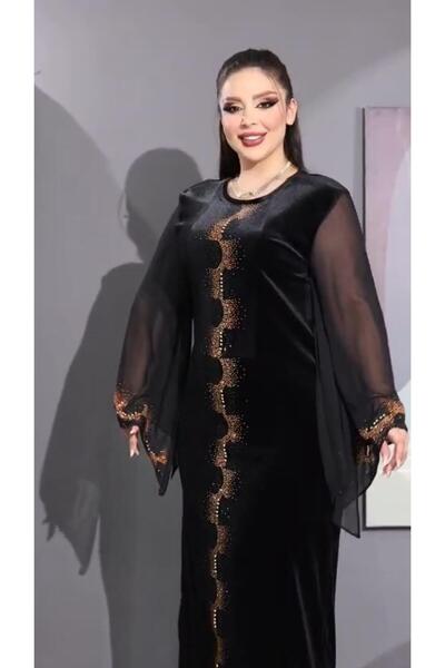 Kokostrendi فستان مخملي من الشيفون بأكمام مزينة بالكريستال - ذهبي أسود