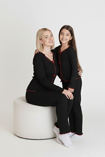 moddosa fashion Anne & Kız Fiyonklu Pijama Takımı %100 PAMUKLU