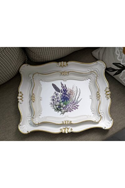 Hediye Köşkü 2li Lüks Ağır Gramajlı Plastik Lavanta Desenli Çay Kahve Tepsisi