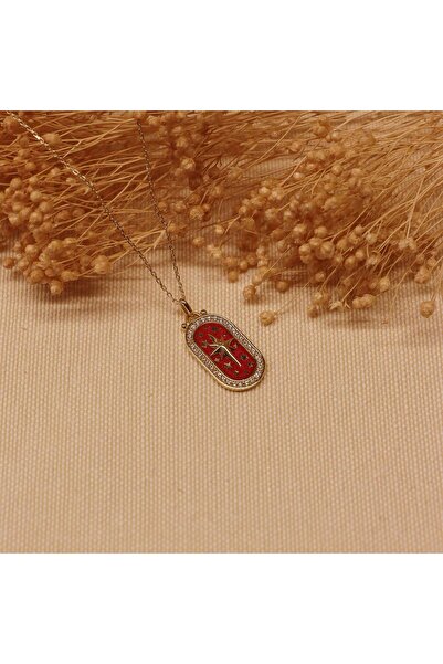 TAHAN MÜCEVHERAT Kırmızı Mineli Kutup Yıldızı Minimal Kolye