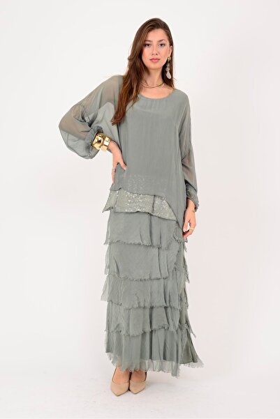 Park Moda 7509 Pul Detail Long Sleeve Layered Silk Dress