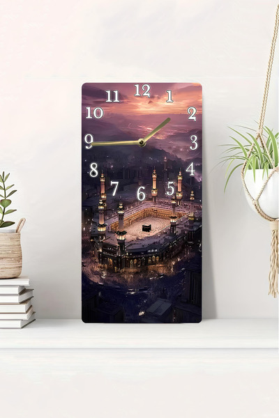 kutuTR 3D-Looking 2D Uv Printing Mdf Painting Clock–Sunset View of the Kaaba and the Grand Mosque 20X40Cm-Dts178