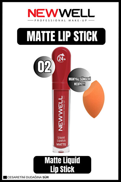 New Well Newwell Liquid Lip Stick 02 + Makyaj Süngeri Hediye