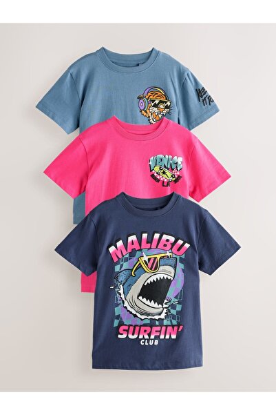 Next Baby Βαμβακερό κοντομάνικο μπλε/ροζ καλοκαιρινό σετ με σχέδια ζώων 3 τεμαχίων Thisrt