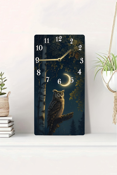 kutuTR 3D Looking Owl and Crescent Moon Themed 2D Uv Printing Mdf Table Clock – 20X40 Cm-Dts189