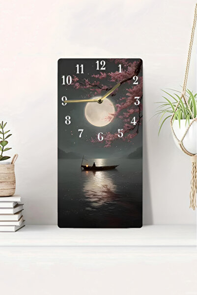 kutuTR 3D Looking 2D Uv Printing Mdf Painting Clock – Lake and Kayak Scenery in Moonlight – 20X40 Cm-Dts185