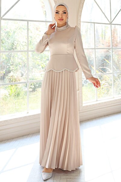 Olcay Stone and Pearl Detailed Pleated Satin Hijab Evening Dress Taş 1682