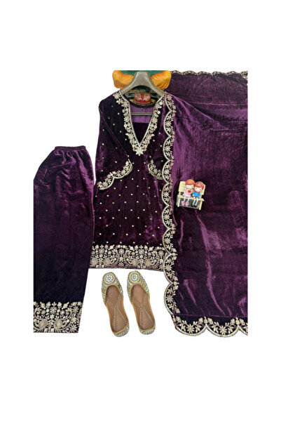 MYSMAR طقم سالوار كاميز ودوباتا مخملي بلون النبيذ - FFT5876 | نبيذ