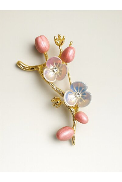 Punky Store Pembe Çiçek Tomurcuk Broş – Taşlı Çiçek Figürlü Altın Ton Kadın Broş
