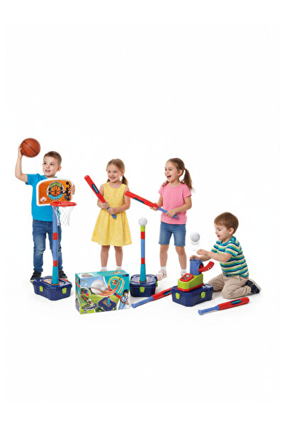 TOY LAND مجموعة رياضية فائقة للأطفال 2 في 1 - طوق كرة سلة وقاذفة بيسبول مع مضرب وكرة