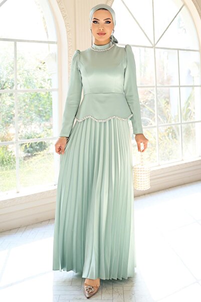 Olcay Stone and Pearl Detailed Pleated Satin Hijab Evening Dress Mi̇nt 1682