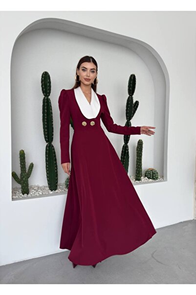 ETİKAFASHION Düğmeli Şal Yaka Kloş Elbise