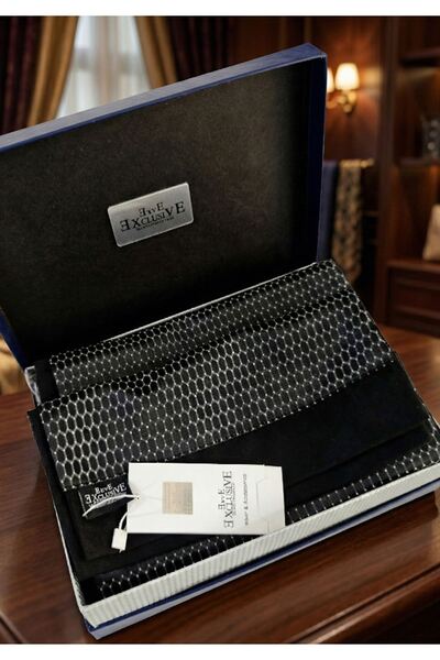 Exve Exclusive Gray Black Honeycomb Patterned Double-Sided Scarf in Gift Pu Leather Box Shawl Ribbed Knit