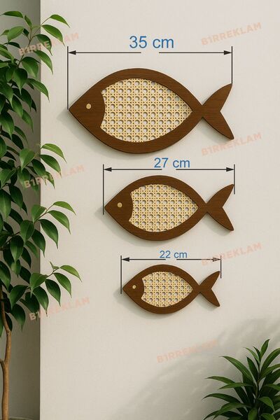 Wicker Mesh Detailed 3-Piece Fish Wall Ornament Wooden Bohemian Sea Themed Decor