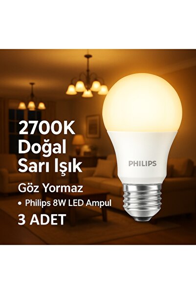 Philips 8W LED Ampul 3’lü Set • E27 • Sarı Işık • Göz Yormayan Tasarruflu Aydınlatma