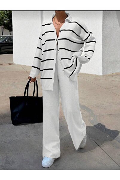 AlanTeks Women's Set Striped Cardigan and Pants Set