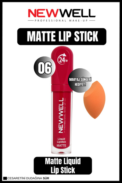 New Well Newwell Liquid Lip Stick 06 + Makyaj Süngeri Hediye