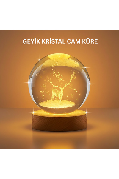 makay 3D Geyik Desenli Kristal Küre USB Işıklı Ahşap Tabanlı Oda Lambası