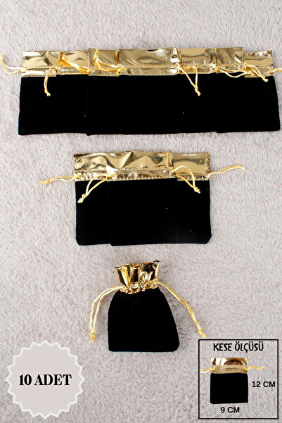 Mortex Siyah Gold Lame Kadife Kese 10 Adet 9x12 Cm Kına, Çerez,Kuruyemiş,Hedi...