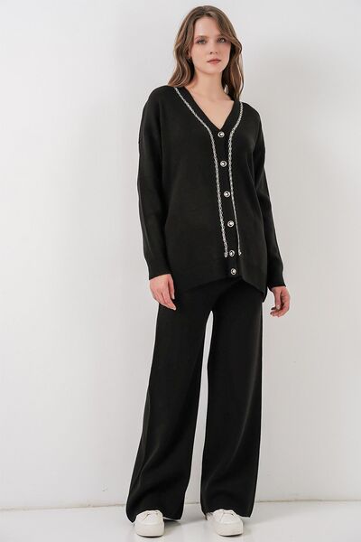 Hiccup Bdart V-Neck Cardigan and Wide-Leg Pants Knitwear Set