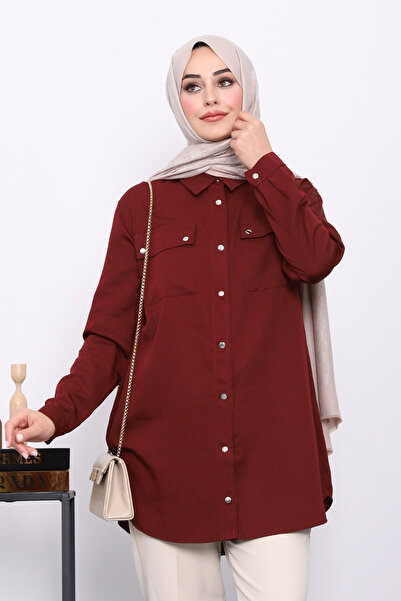 İmajButik Burgundy Tunic with Epaulettes on the Shoulders and Double Pockets