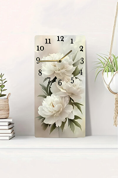kutuTR 3D Görünümlü 2D UV Baskı MDF Tablo Saat – Beyaz Şakayık Çiçek Deseni – 20x40 cm-DTS195