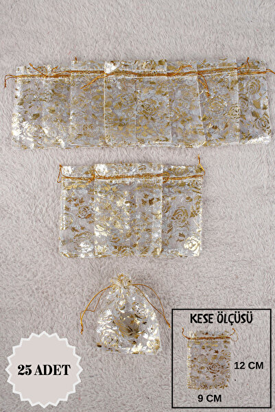 Mortex Gold Baskılı Tül Kese 25 Adet 9x12 Cm Kına, Çerez, Kuruyemiş, Hediyelik, Altın, Söz, Bohça, Tesbih