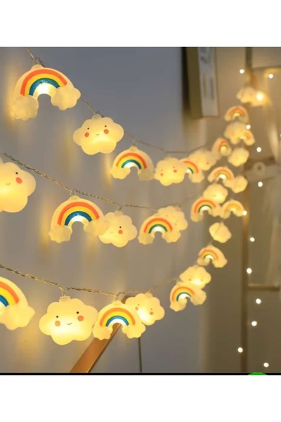 ÇEÇEN HOME 2 Modlu 3 Metre LED Bulut Yıldız Gökkuşağı Işık Zinciri Pilli Peri LED Dekoratif Işık 20'Li Günışığı