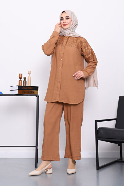 İmajButik Brown Lace Detailed Beaded Tunic Trouser Suit