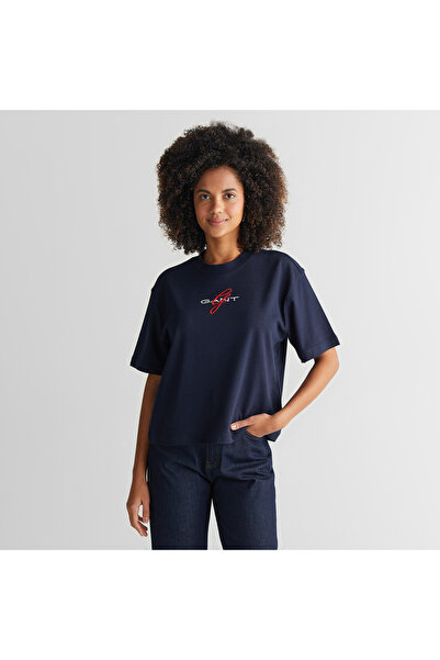 Gant Kadın Lacivert Bisiklet Yaka Logolu T-Shirt