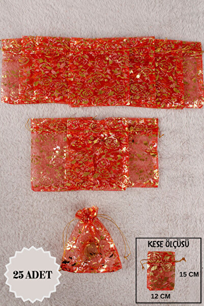 Mortex Kırmızı Baskılı Tül Kese 25 Adet 12x15 Cm Kına, Çerez, Kuruyemiş, Hedi...