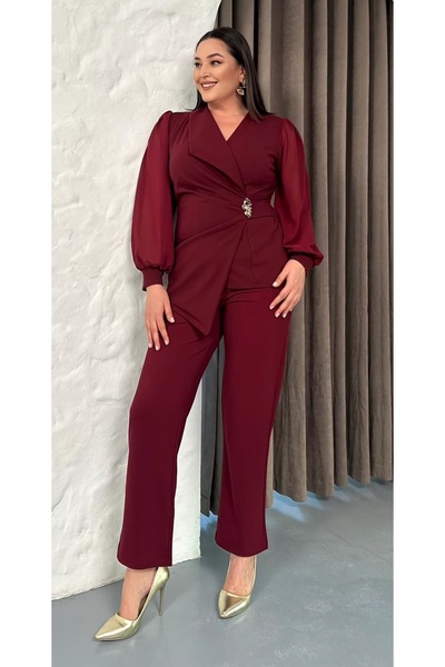 Butik Nilyam Women's Plus Size One-Neck Detail Flexible Waist Brooch Chiffon Sleeve Evening Dress Suit 25102