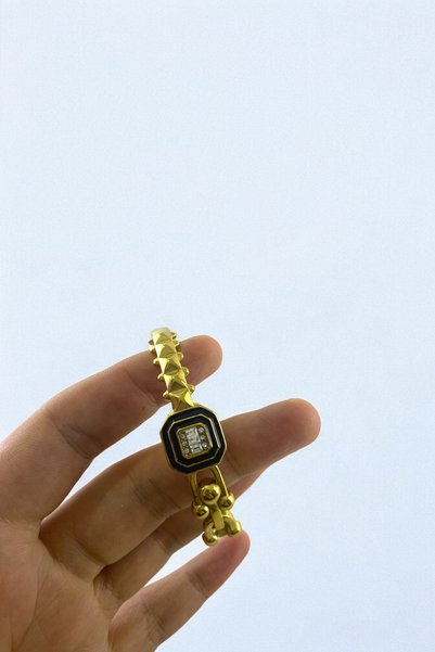 Lorivelle Cuff Bracelet Gold Color Black Enamel and Baguette Stone Cuff Steel - Modern Geometric Design