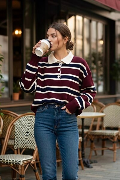 İmajButik Burgundy Polo Neck Striped Knitwear Sweater