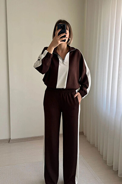 Kubos Moda Set de trening din modal maro, cu fermoar, cu dungi, ajustabil, el...