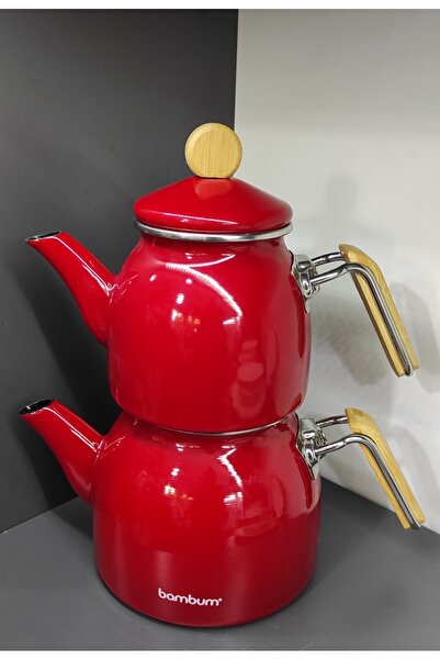 MORMAVİ Bambum Sultan Emaye Bamboo Handle Medium Size Teapot