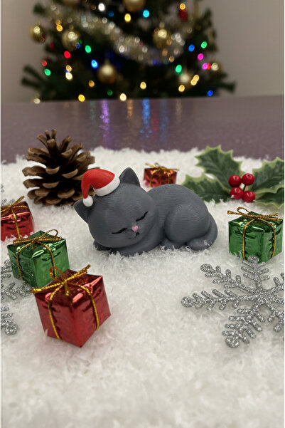DecoVera 1 Adet Gri Yılbaşı Temalı Sevimli Mini Yatan Kedi Figürü, Yılbaşı He...