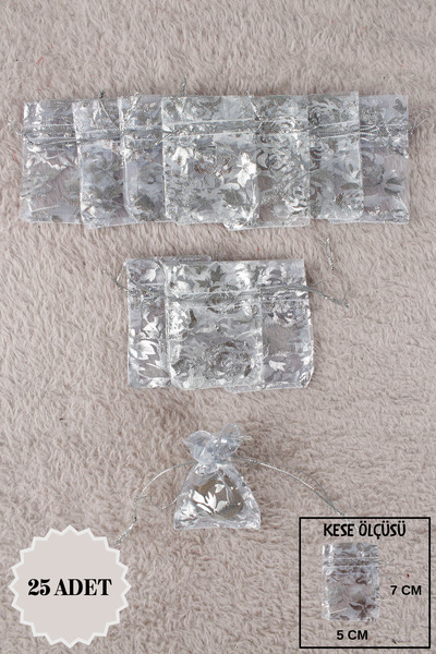 Mortex Gümüş Baskılı Tül Kese 25 Adet 5x7 Cm Kına, Çerez, Kuruyemiş, Hediyeli...