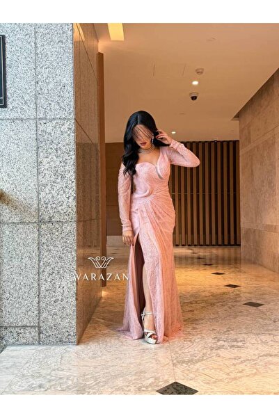 Warazan فستان سهرة بصدرية أنيقة وأكمام من الدانتيل